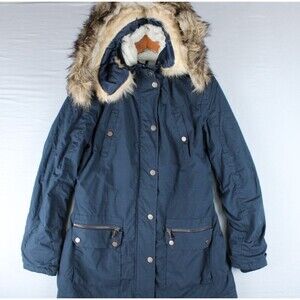 YMI Collection Parka Blue Womens Small Quilted Sherpa Removable Fur Trims Winter